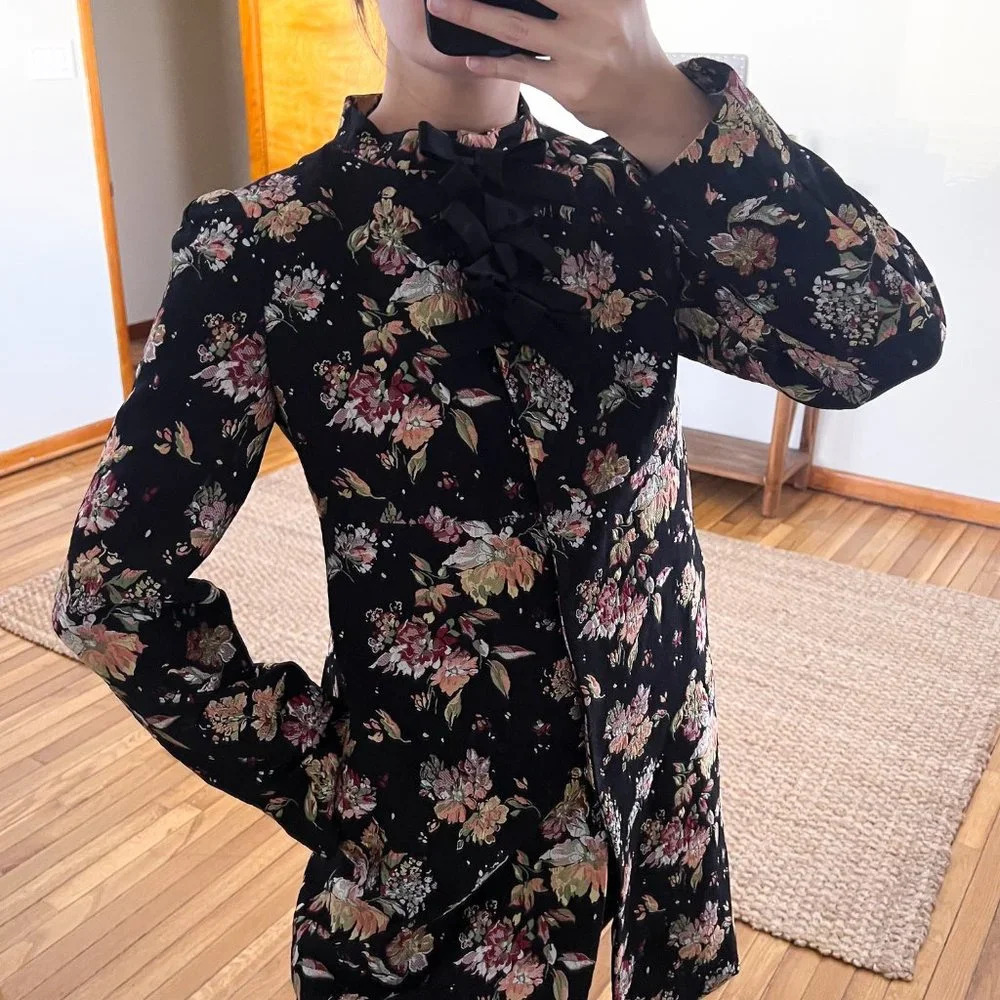 Rochas Paris Black Floral Designer Parisian Bow Front Snap Button Trench Coat 46